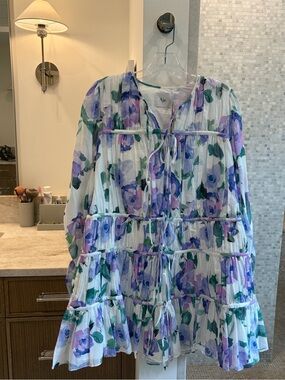 Aje women’s  Floral Ruffle Dress - White with Purple & Green Floral Print 6 NWT